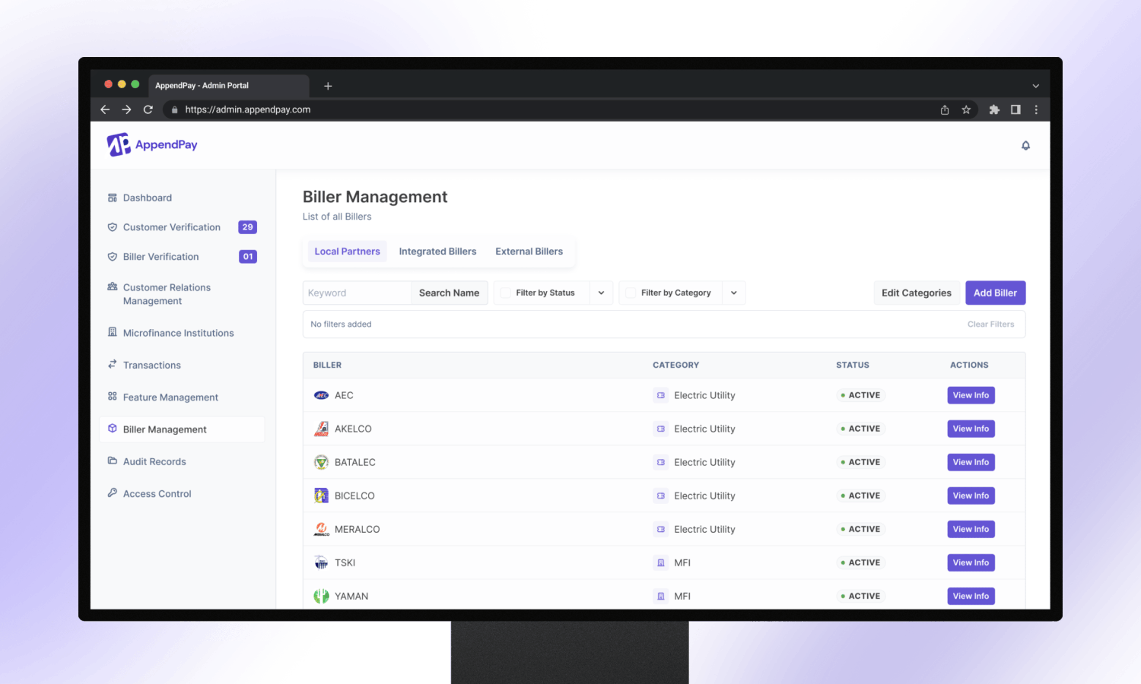 An image showing AppendPay Admin Billers Management