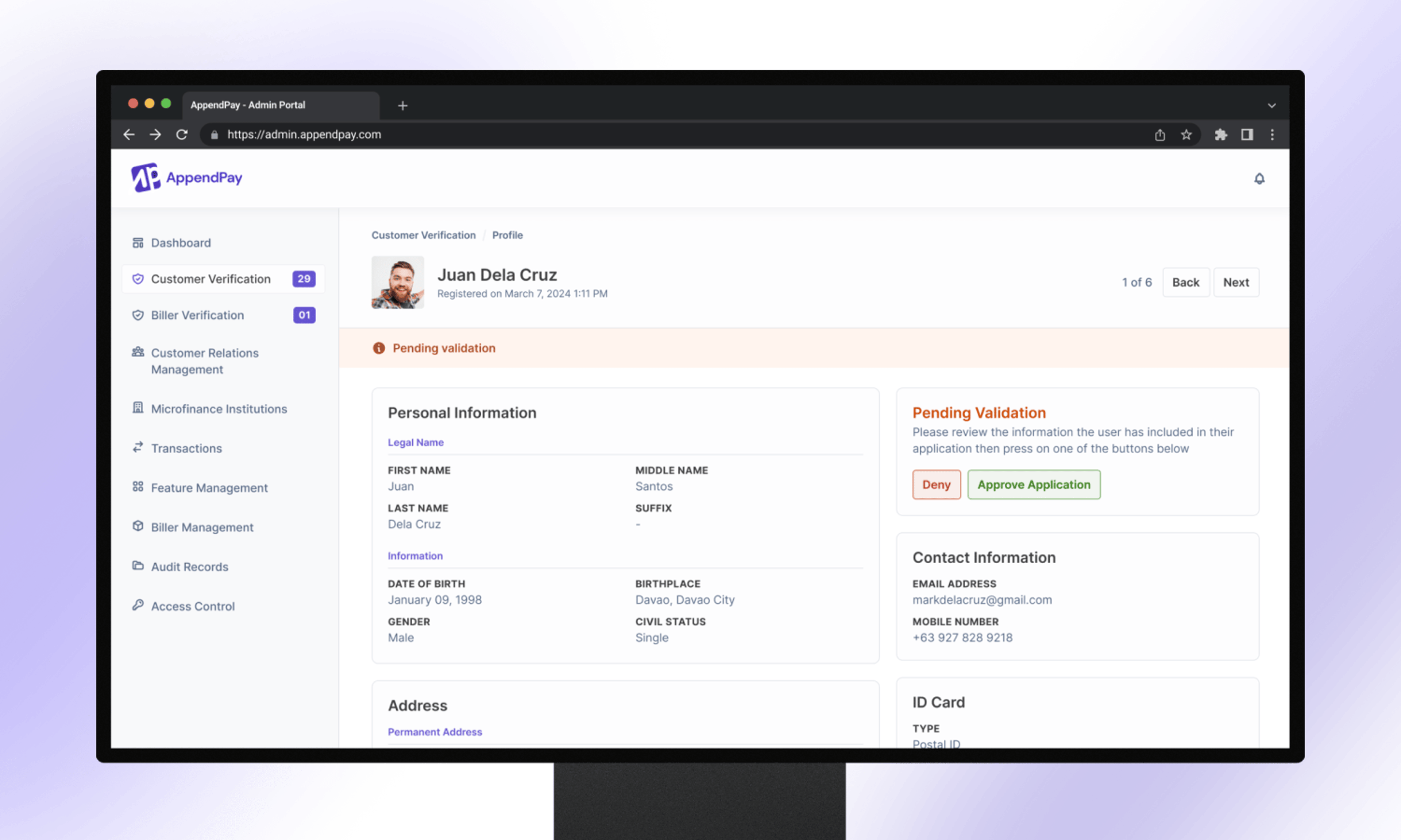 An image showing customer verification in AppendPay admin