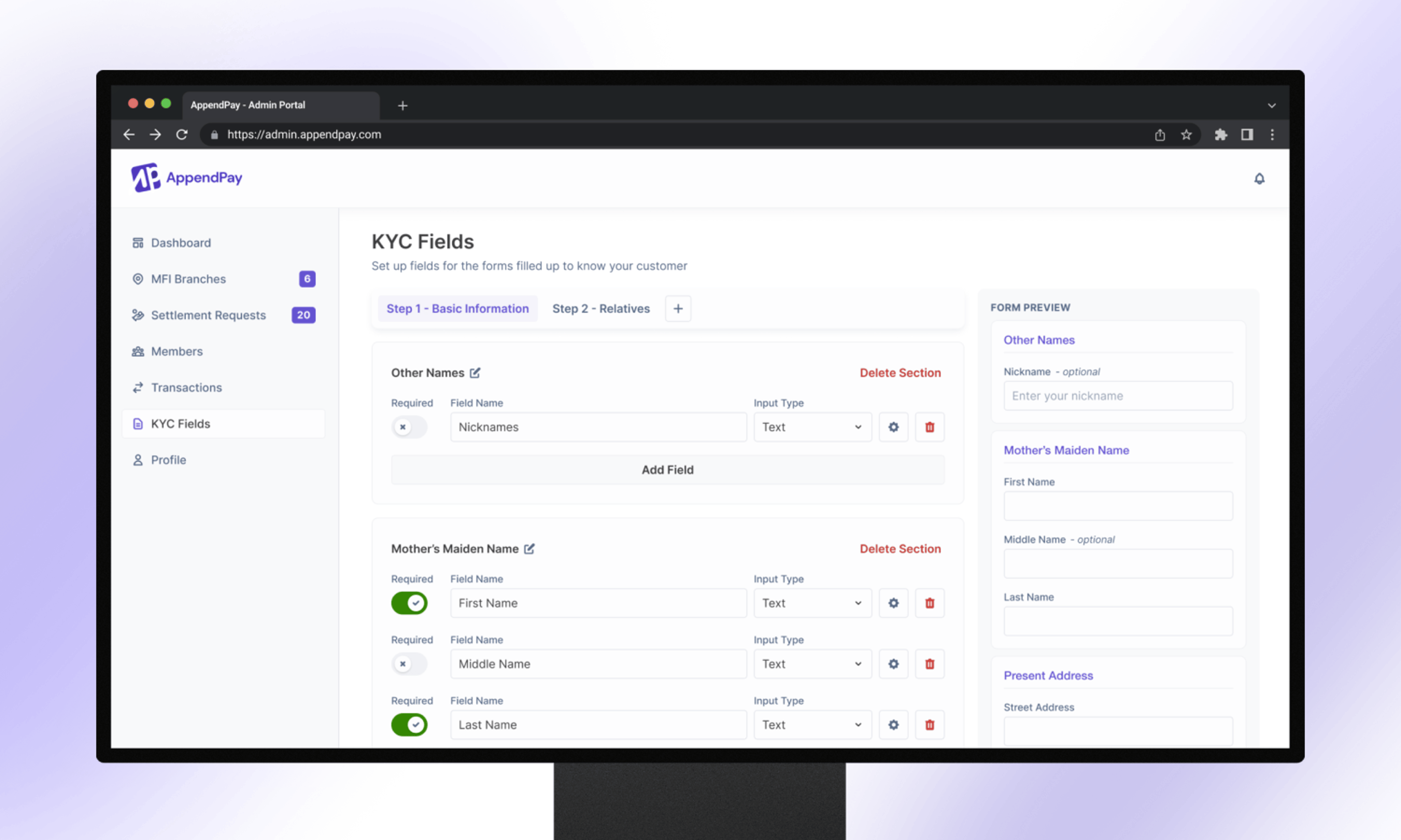 An image showing KYC fields management in the AppendPay biller portal