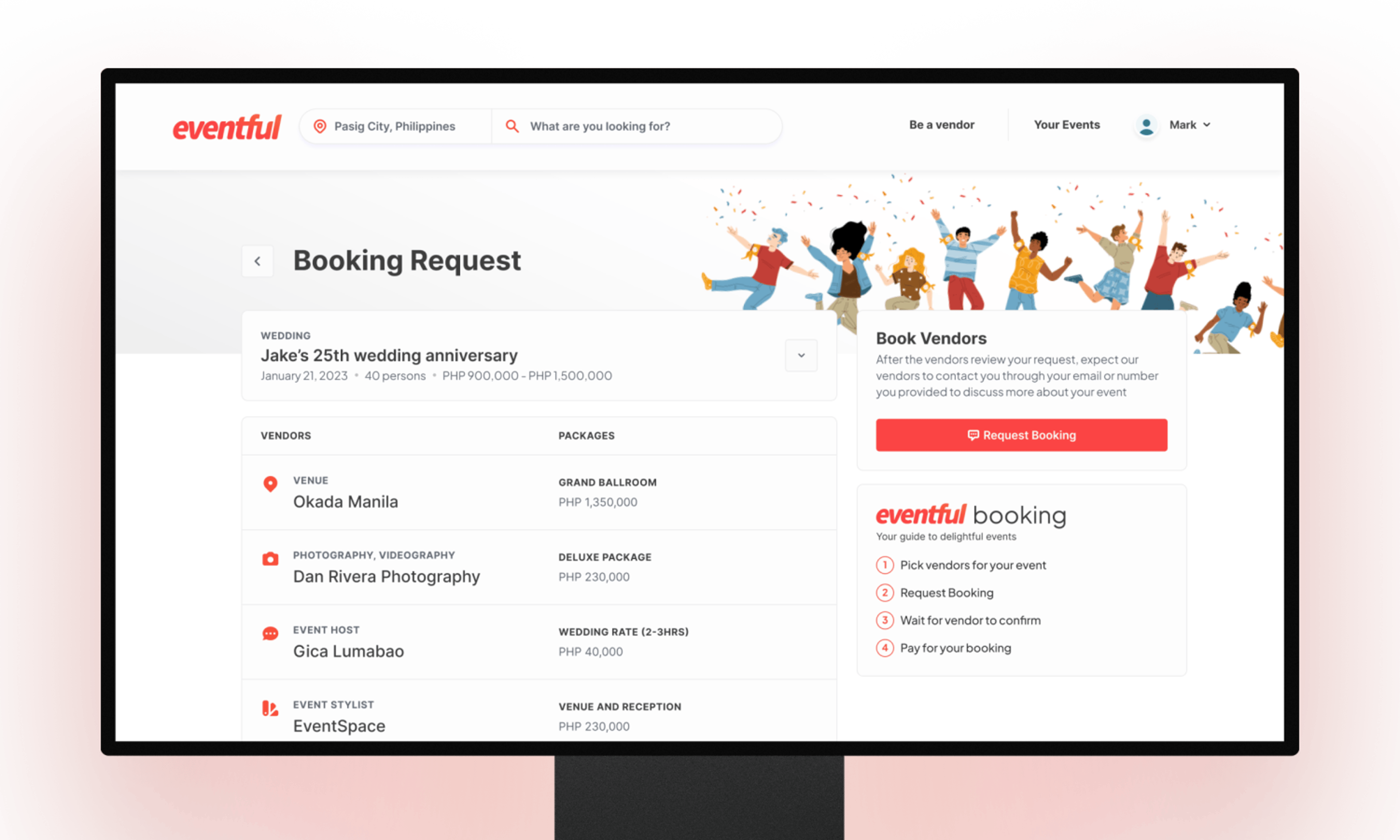 An image showing a screen from Eventful's booking request