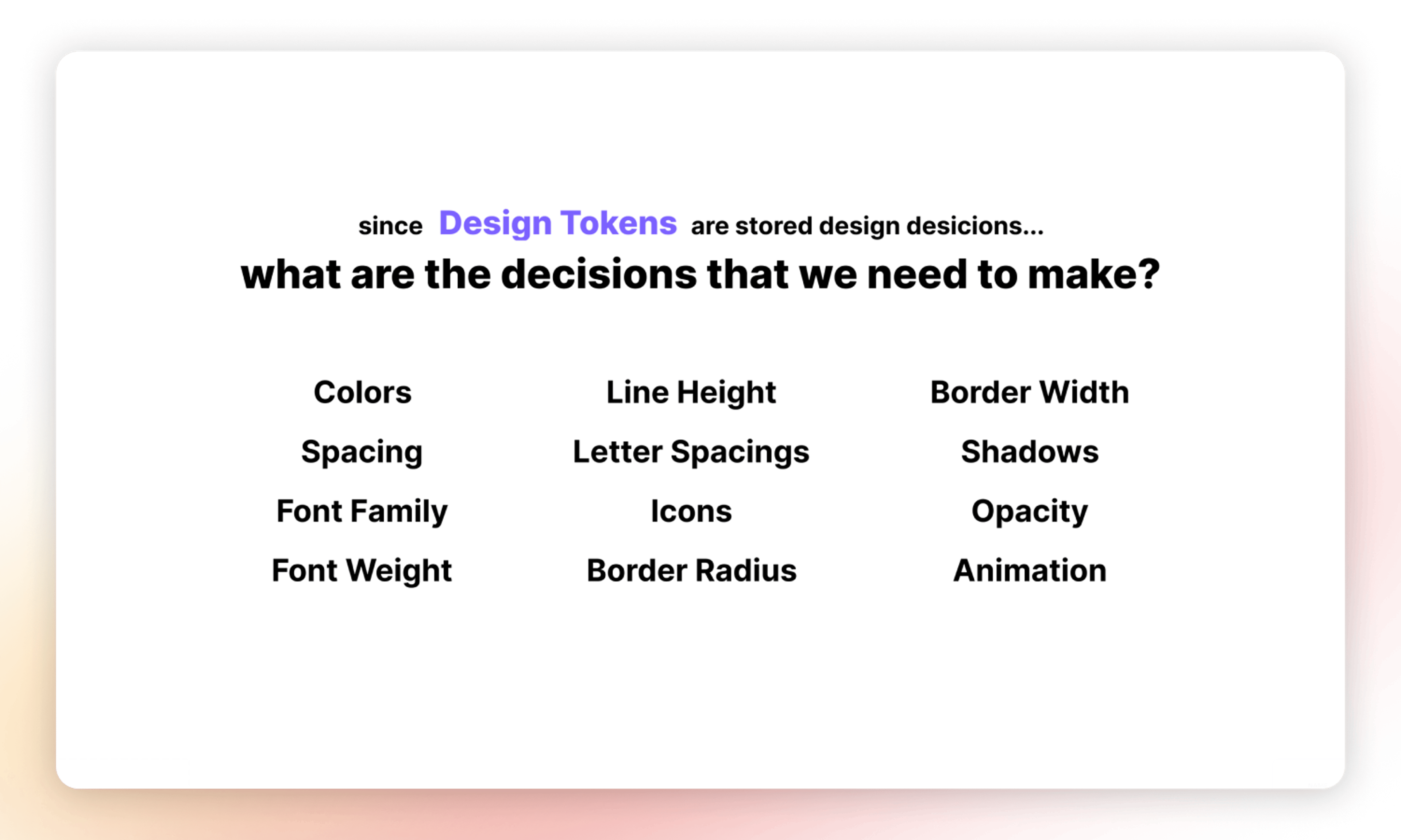 An image showing a slide from a Design Tokens workshop