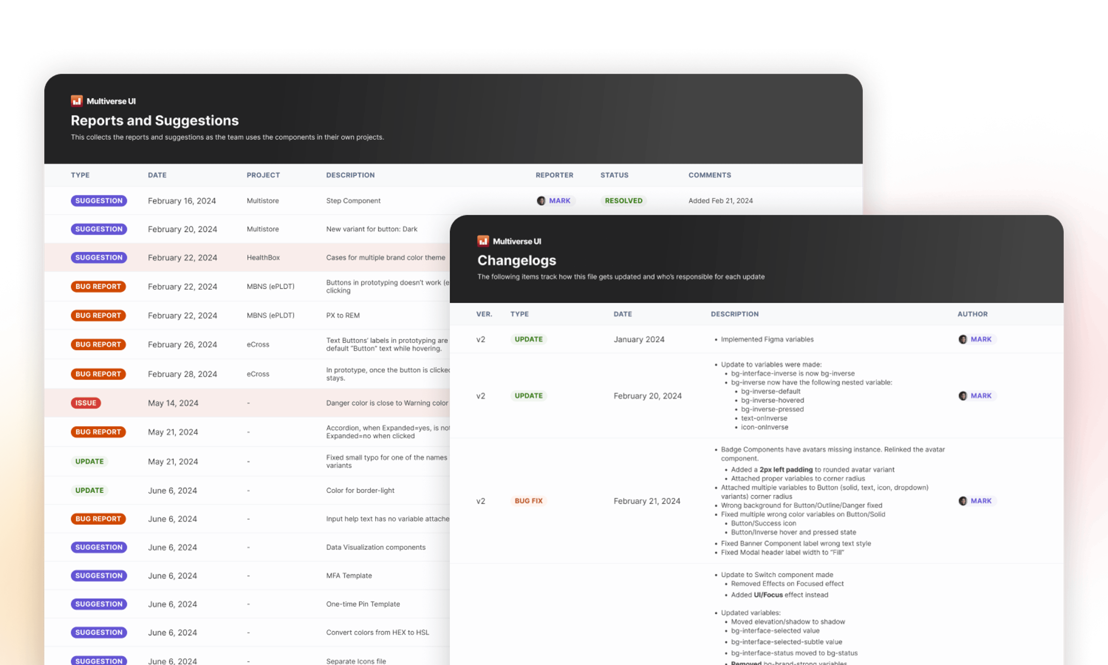 An image that shows the record of entries of both changelogs and reports and suggestions in Multiverse's Figma file