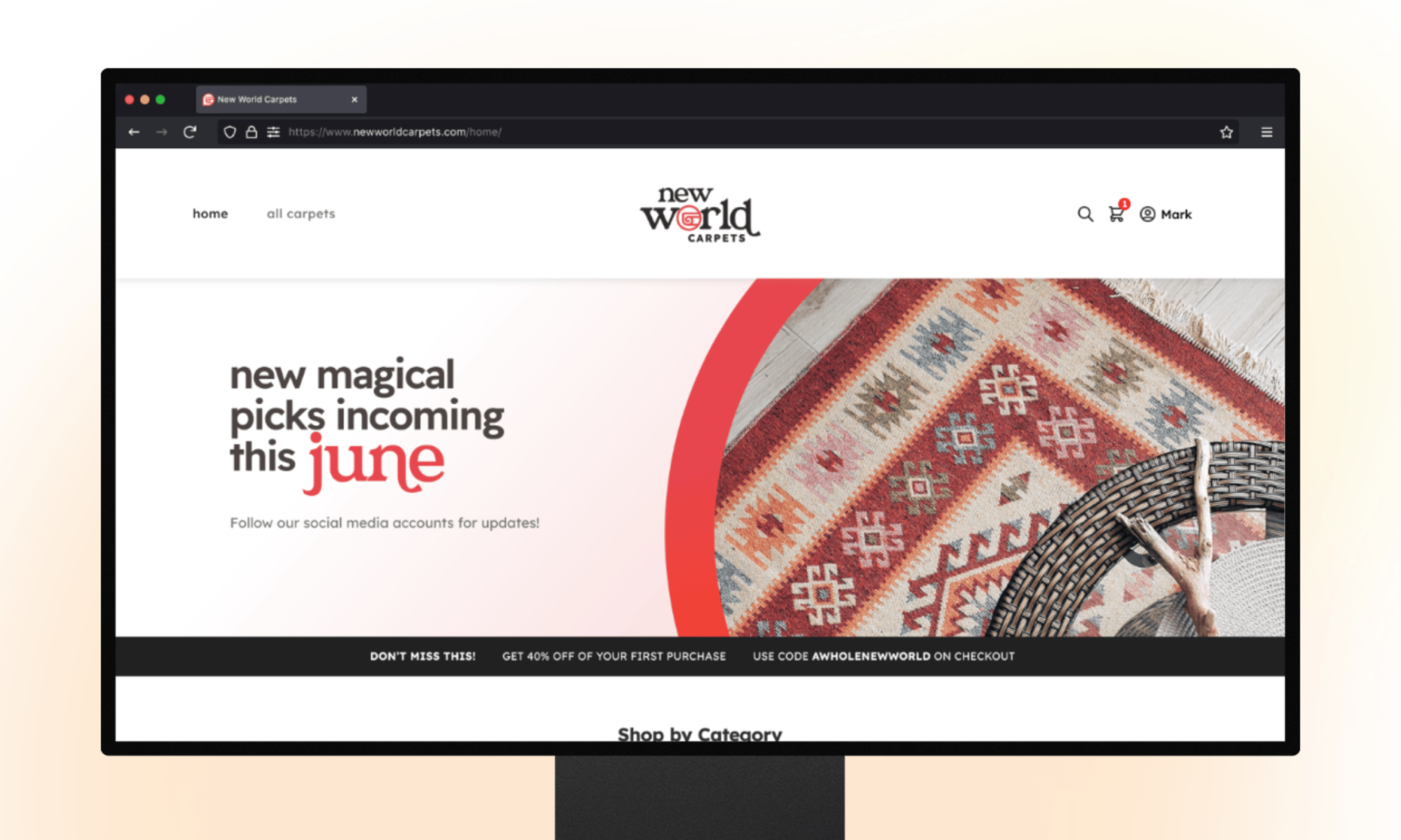 The Homepage screen for New World Carpets