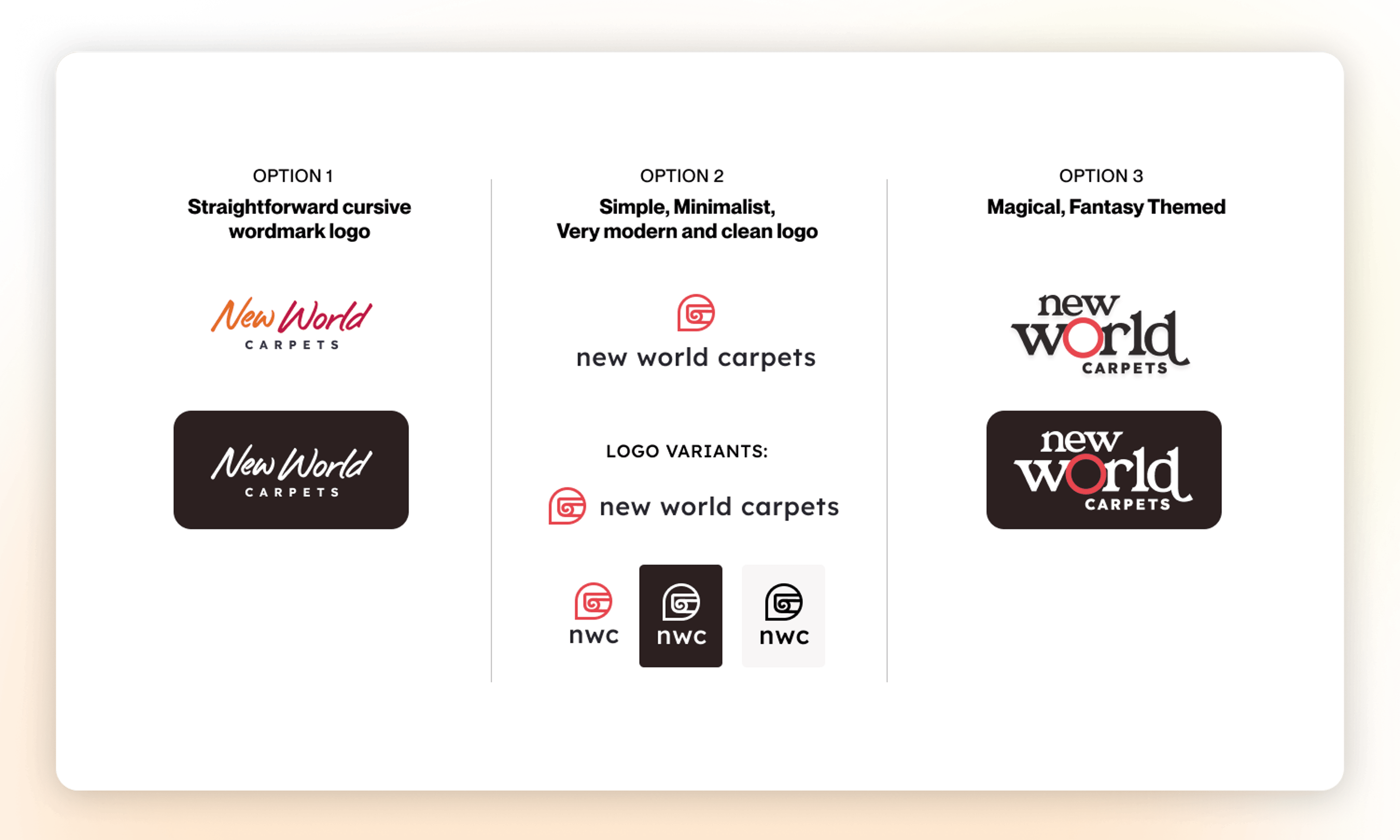 A set of logo options for New World Carpets