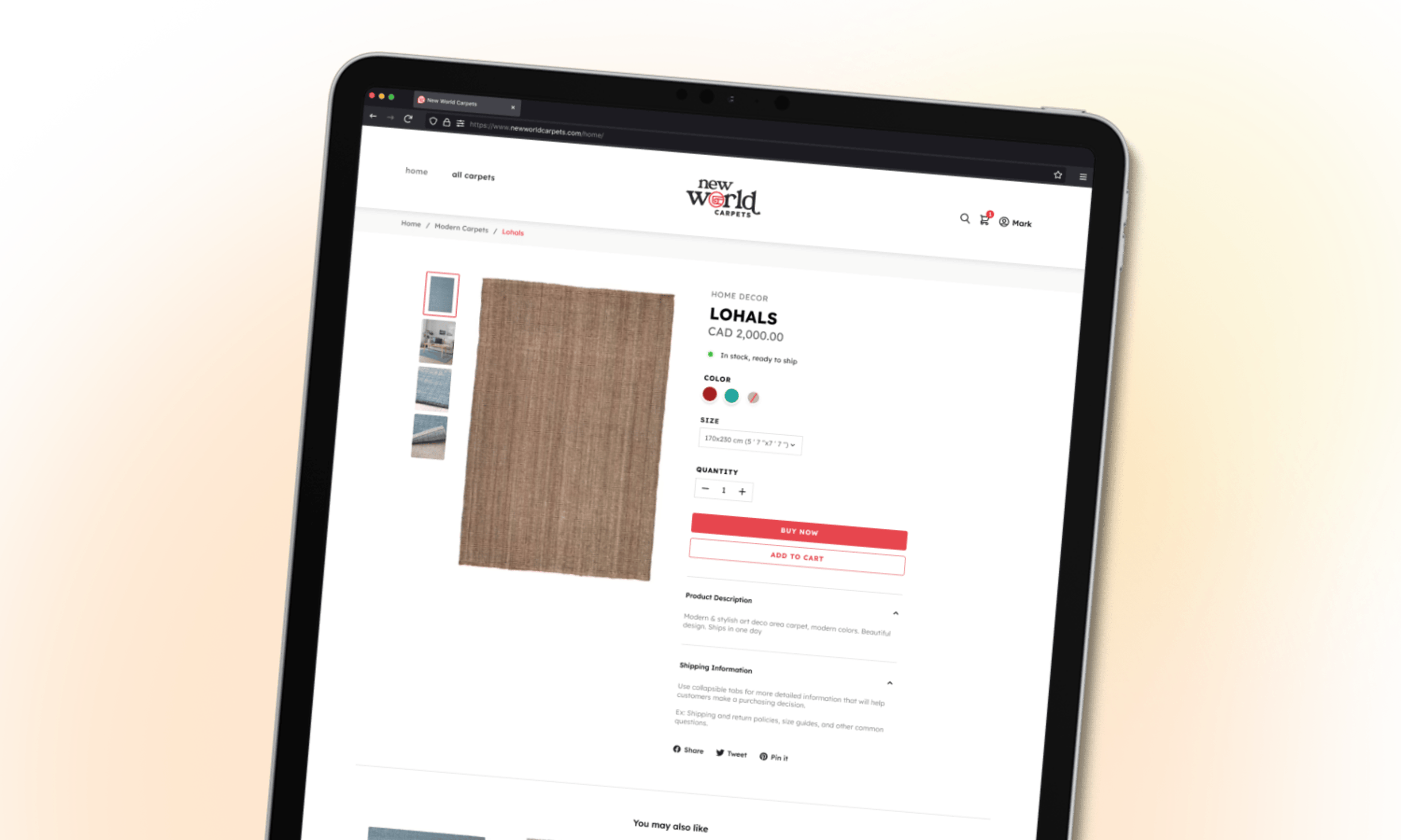 The Product page of New World Carpets site