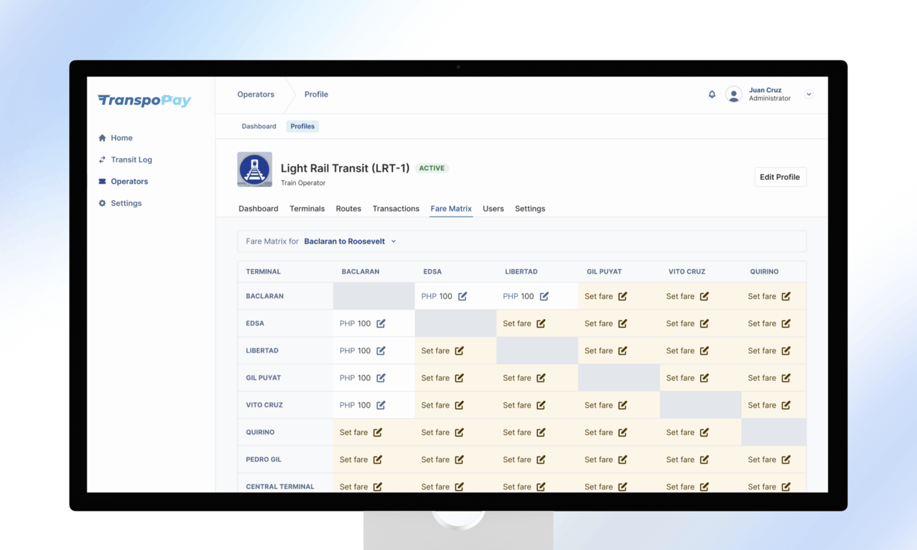 An image showing the fare matrix screen in TranspoPay admin